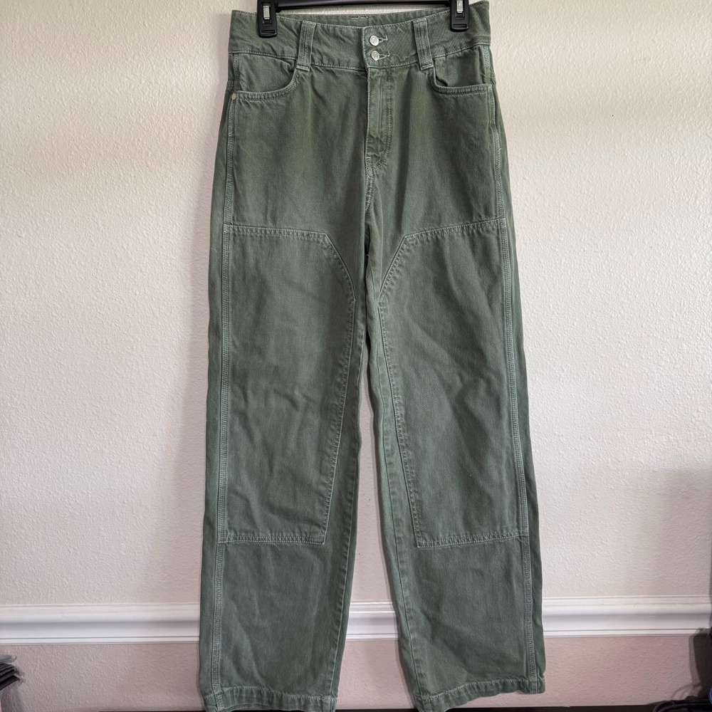 MNG Denim Jeans Women's Size 2 Green Chop‎ Pockets Mid-Rise Straight Classic